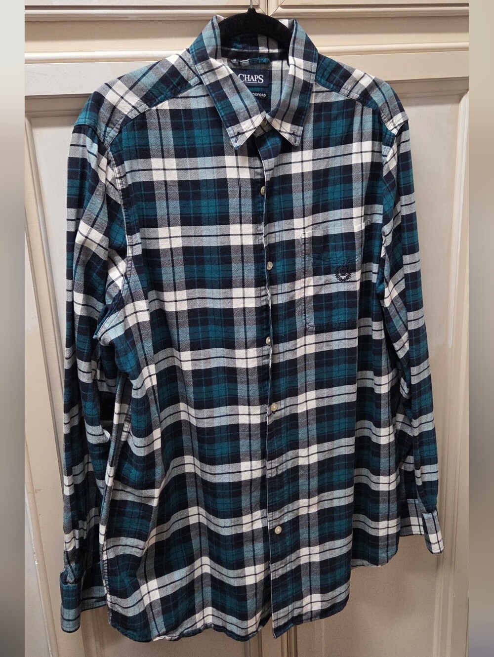 Chaps Mens Classic Oxford Blue & Black Plaid Flannel Button-Up Shirt 100% Cotton